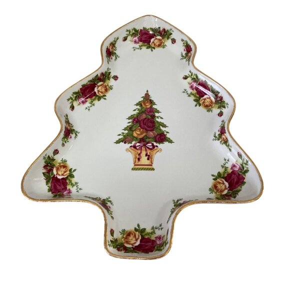 1962 Royal Albert Old Country Roses Christmas Tree Shaped Serving Dish Gold Trim - Picture 1 of 7